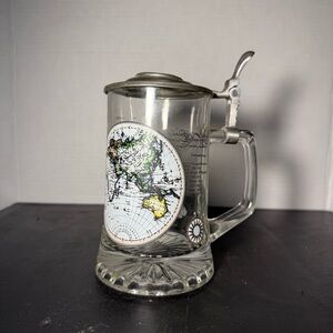 Glass Beer Stein with pewter lid  World Map Design
